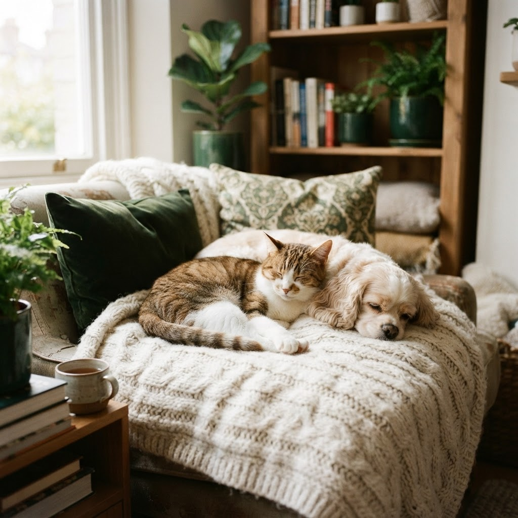 Un gato y un perro descansando juntos en un hogar acogedor